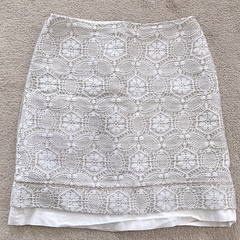 Macramé ivory and beige lined skirt. Hits at knee (5’4”) fitted pencil skirt.